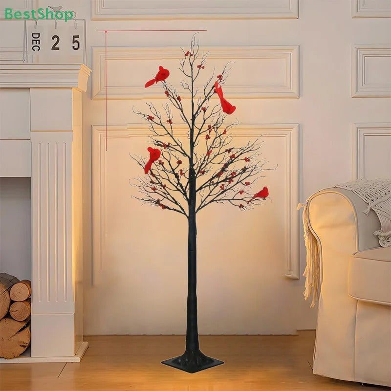 Vintage leuchtender Baum mit Kardinalen, Bäume mit Kardinalen, kleine rote Vogelbäume Licht, Weihnachtsbaum mit Beeren