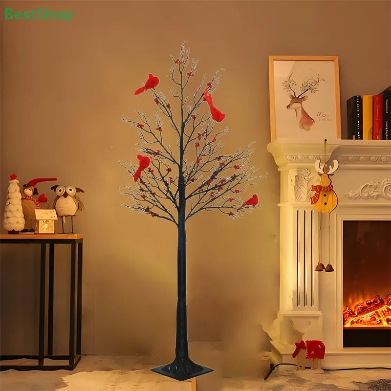 Vintage leuchtender Baum mit Kardinalen, Bäume mit Kardinalen, kleine rote Vogelbäume Licht, Weihnachtsbaum mit Beeren