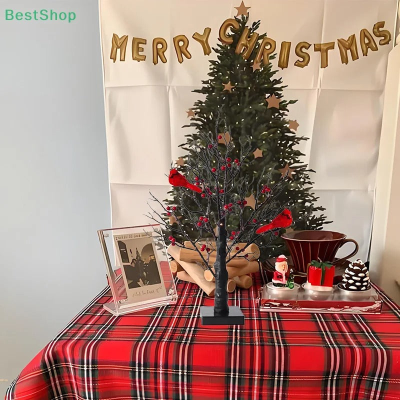 Vintage leuchtender Baum mit Kardinalen, Bäume mit Kardinalen, kleine rote Vogelbäume Licht, Weihnachtsbaum mit Beeren