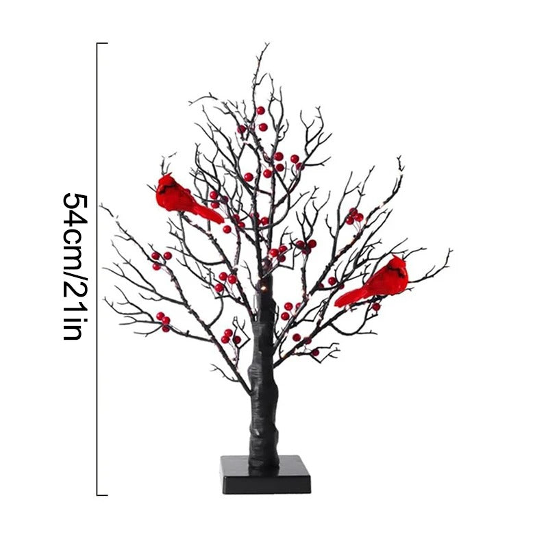 Vintage leuchtender Baum mit Kardinalen, Bäume mit Kardinalen, kleine rote Vogelbäume Licht, Weihnachtsbaum mit Beeren